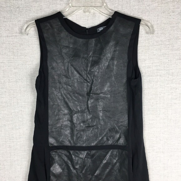 Vince Leather Panel Shift Dress Women's Size 0 Black Silk Sleeveless Short - Picture 2 of 11